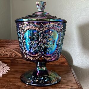 Authentic Fenton Black Amethyst Carnival Glass Compote